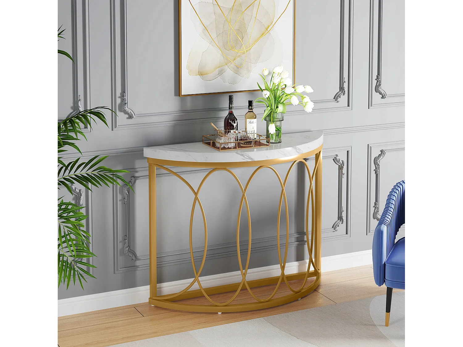 Table console dorée, table de chevet, table de canapé, table de couloir avec bureau en imitation marbre, cadre en métal et design demi-lune