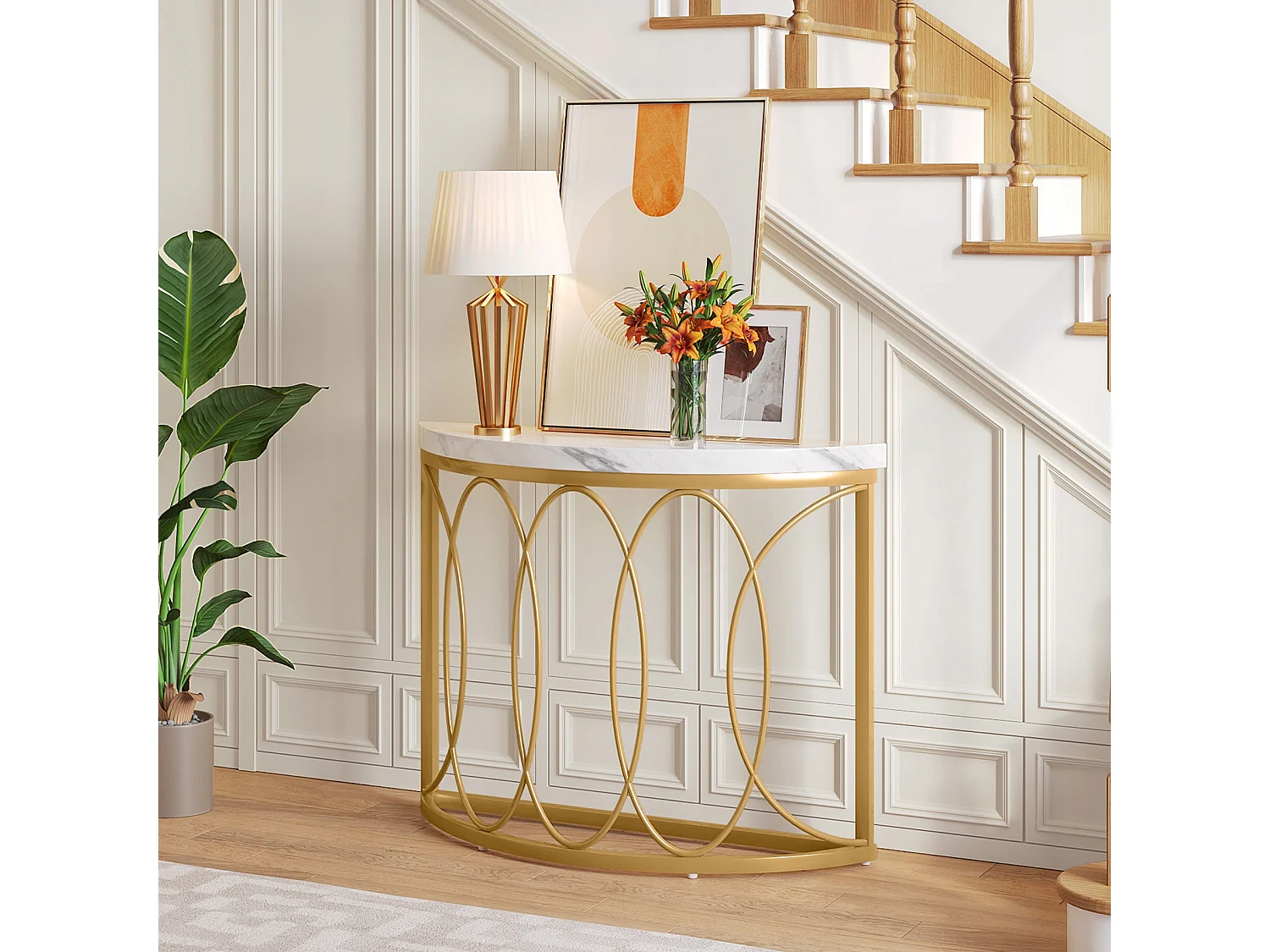 Table console dorée, table de chevet, table de canapé, table de couloir avec bureau en imitation marbre, cadre en métal et design demi-lune