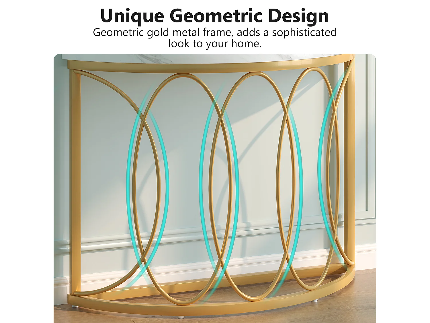 Table console dorée, table de chevet, table de canapé, table de couloir avec bureau en imitation marbre, cadre en métal et design demi-lune