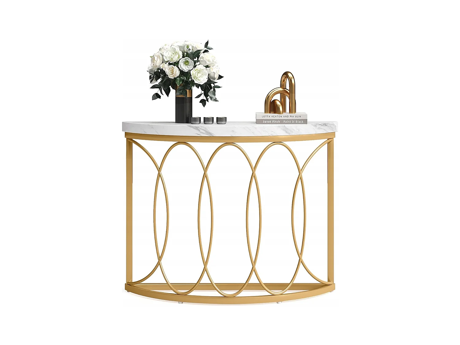 Table console dorée, table de chevet, table de canapé, table de couloir avec bureau en imitation marbre, cadre en métal et design demi-lune