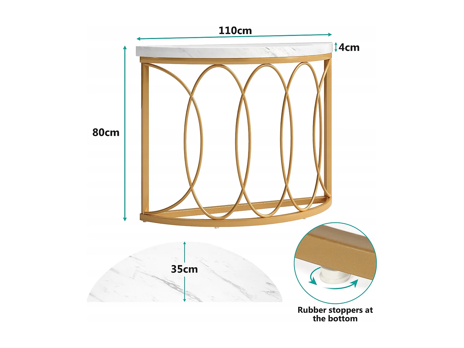 Table console dorée, table de chevet, table de canapé, table de couloir avec bureau en imitation marbre, cadre en métal et design demi-lune