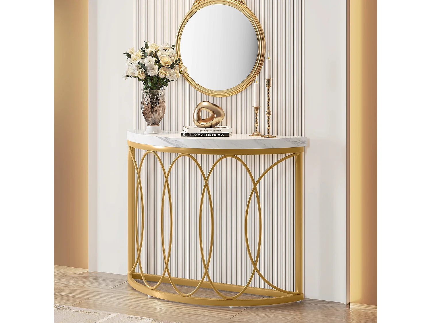 Table console dorée, table de chevet, table de canapé, table de couloir avec bureau en imitation marbre, cadre en métal et design demi-lune