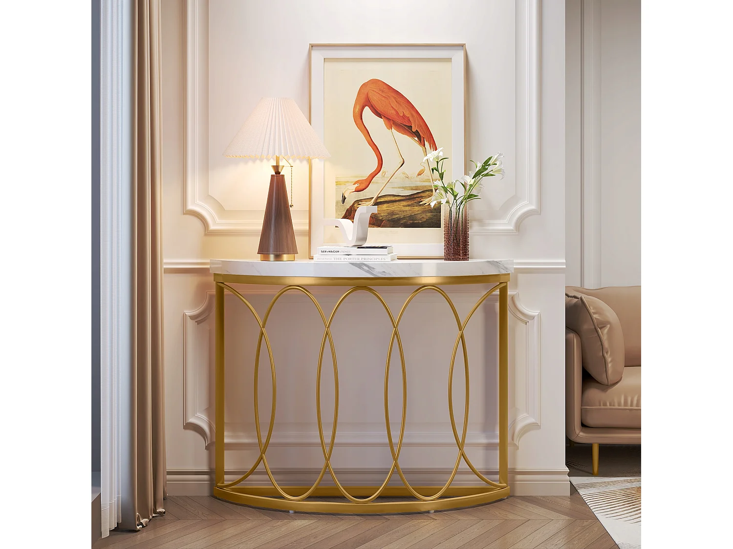 Table console dorée, table de chevet, table de canapé, table de couloir avec bureau en imitation marbre, cadre en métal et design demi-lune