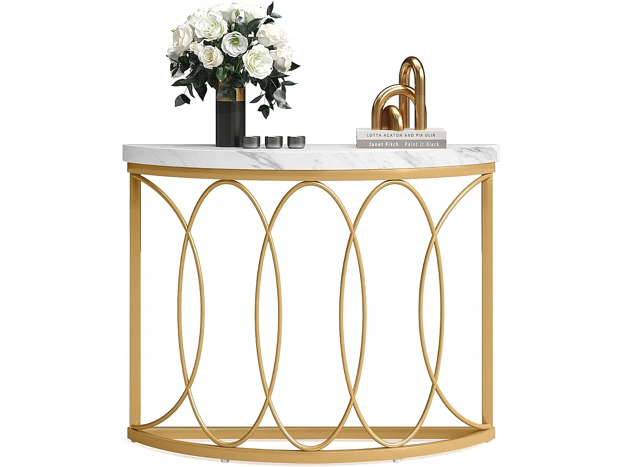 Table console dorée, table de chevet, table de canapé, table de couloir avec bureau en imitation marbre, cadre en métal et design demi-lune