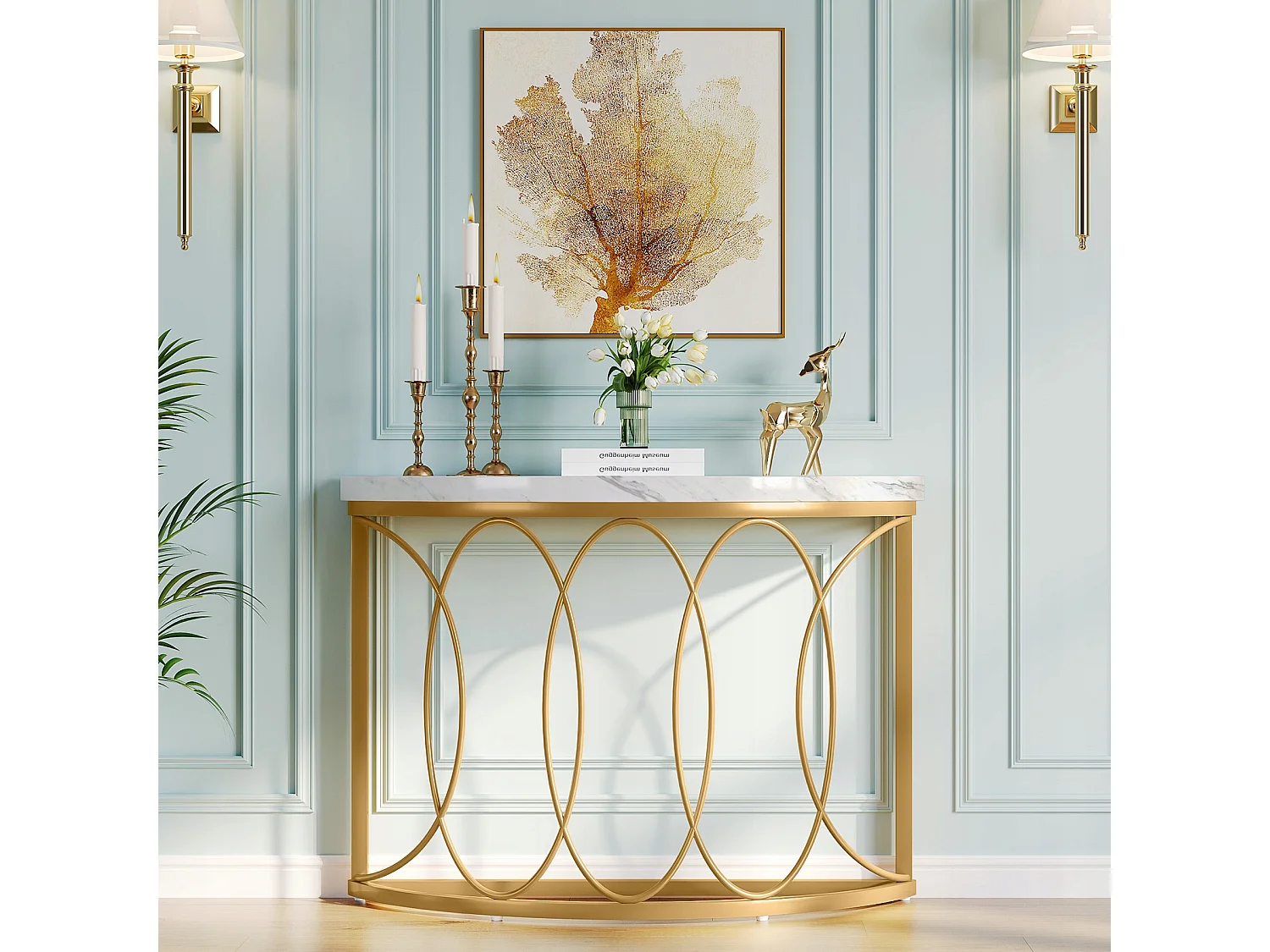Table console dorée, table de chevet, table de canapé, table de couloir avec bureau en imitation marbre, cadre en métal et design demi-lune