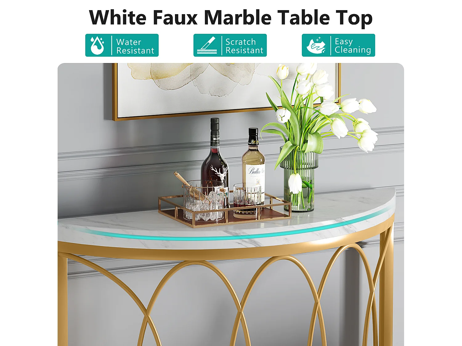 Table console dorée, table de chevet, table de canapé, table de couloir avec bureau en imitation marbre, cadre en métal et design demi-lune