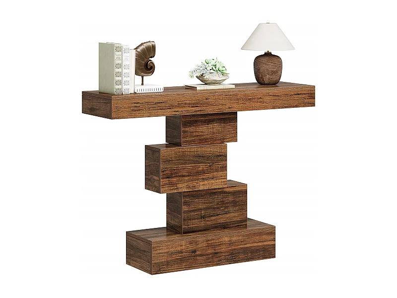 Table console, 108cm Table de canapé en bois étroite derrière le canapé avec base géométrique, table d'entrée industrielle, marron rustique