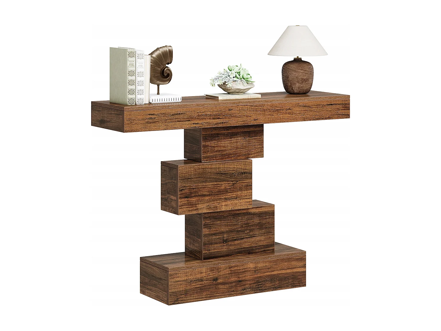 Table console, 108cm Table de canapé en bois étroite derrière le canapé avec base géométrique, table d'entrée industrielle, marron rustique