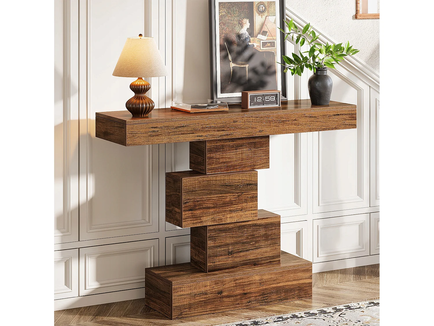 Table console, 108cm Table de canapé en bois étroite derrière le canapé avec base géométrique, table d'entrée industrielle, marron rustique