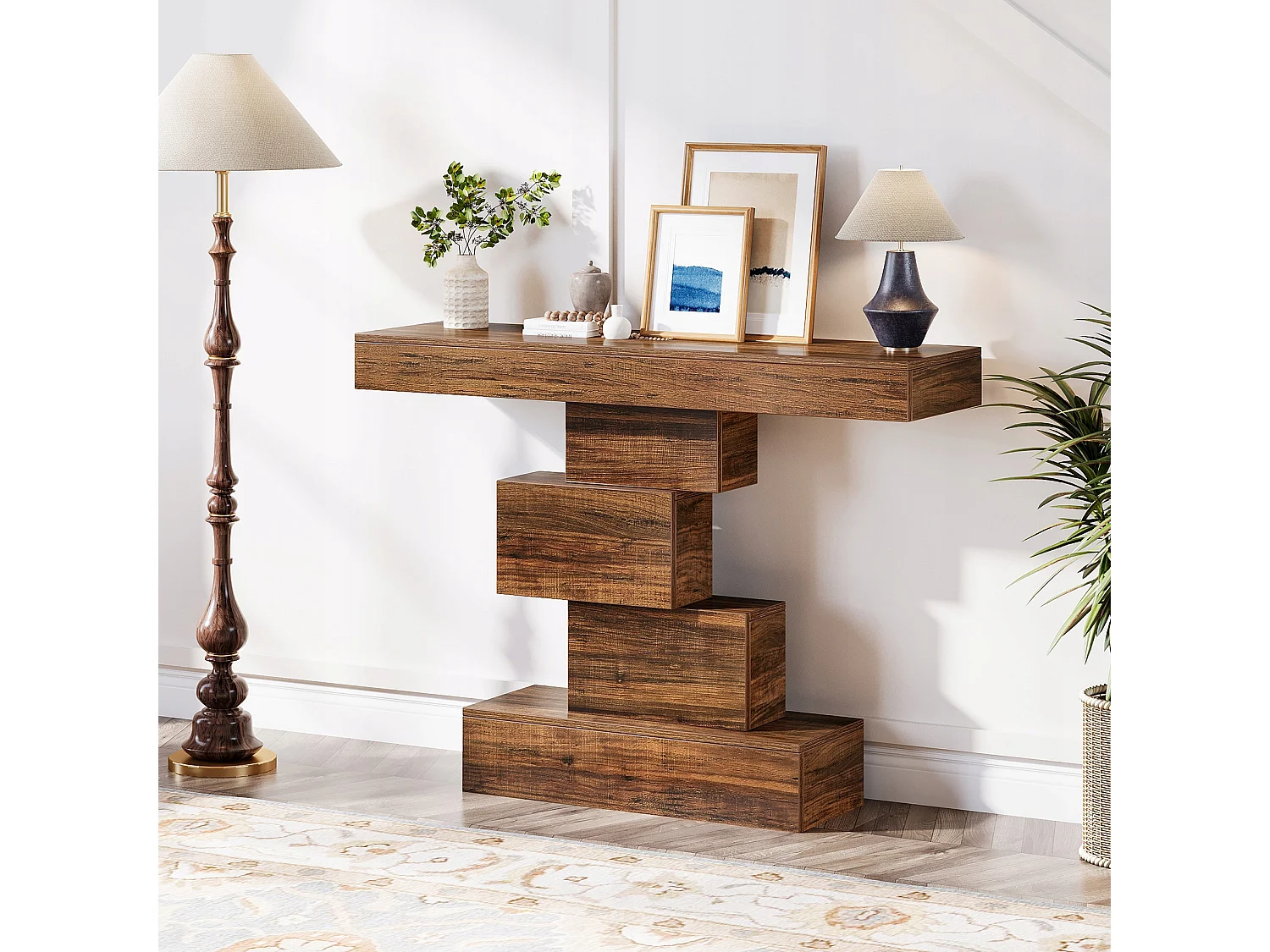 Table console, 108cm Table de canapé en bois étroite derrière le canapé avec base géométrique, table d'entrée industrielle, marron rustique