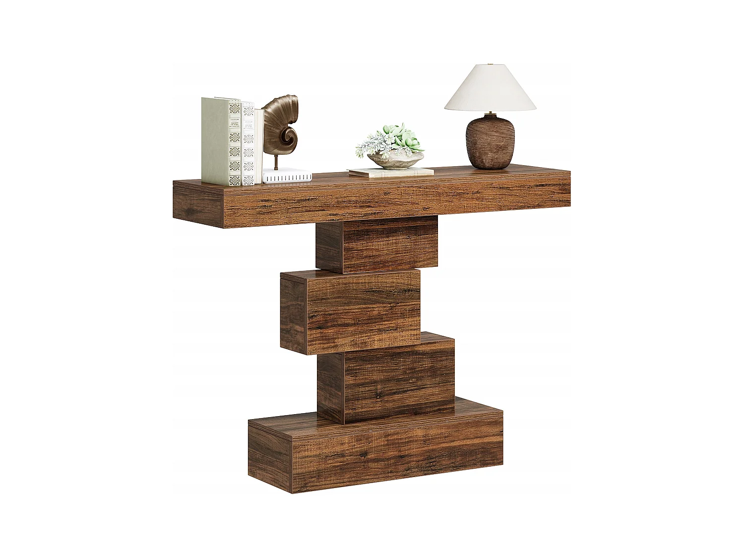 Table console, 108cm Table de canapé en bois étroite derrière le canapé avec base géométrique, table d'entrée industrielle, marron rustique