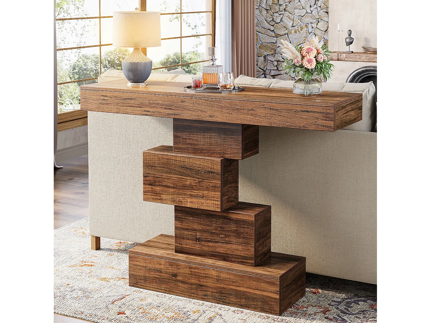 Table console, 108cm Table de canapé en bois étroite derrière le canapé avec base géométrique, table d'entrée industrielle, marron rustique