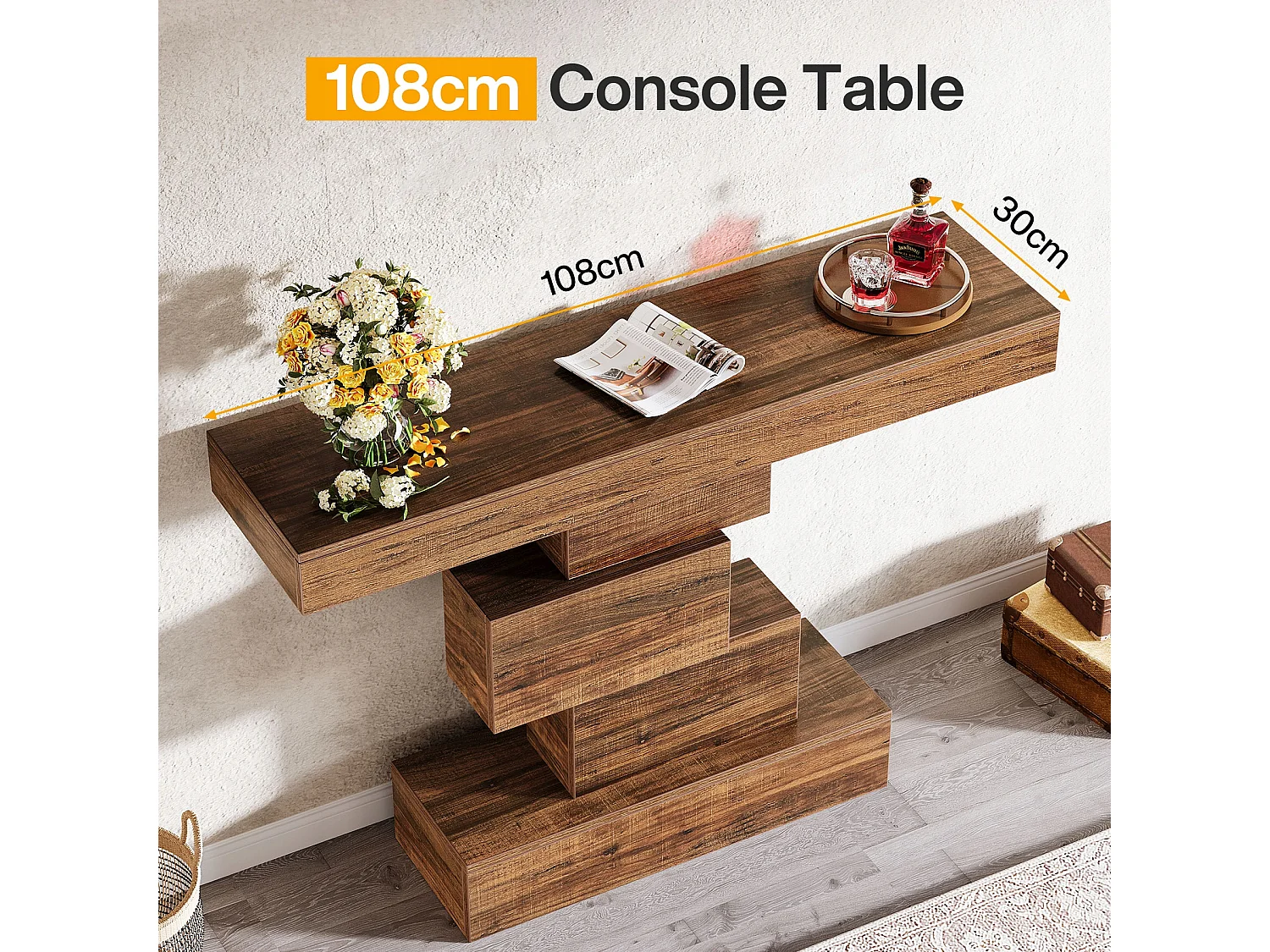 Table console, 108cm Table de canapé en bois étroite derrière le canapé avec base géométrique, table d'entrée industrielle, marron rustique