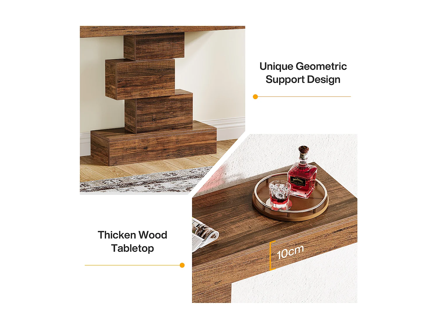 Table console, 108cm Table de canapé en bois étroite derrière le canapé avec base géométrique, table d'entrée industrielle, marron rustique