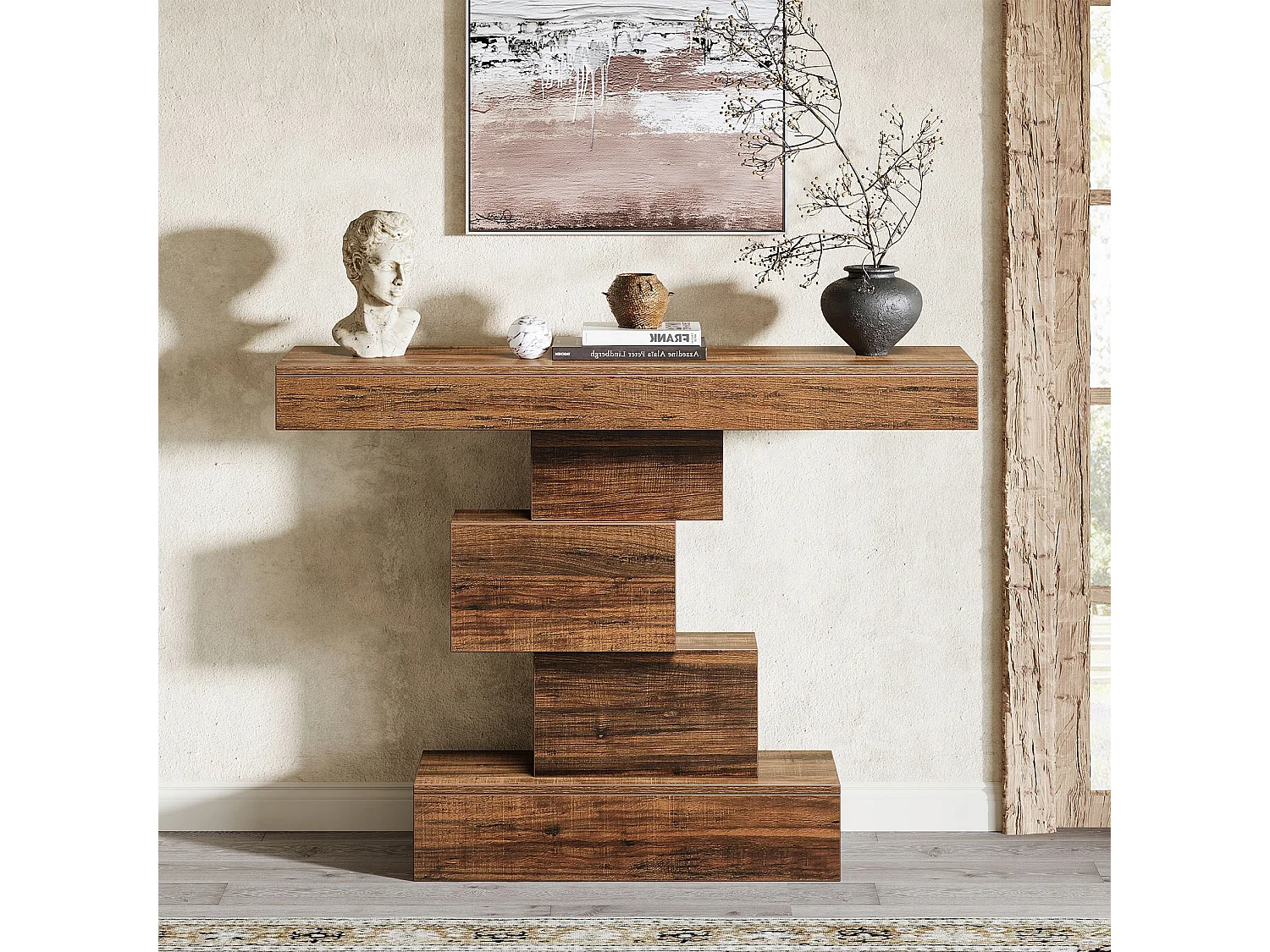 Table console, 108cm Table de canapé en bois étroite derrière le canapé avec base géométrique, table d'entrée industrielle, marron rustique