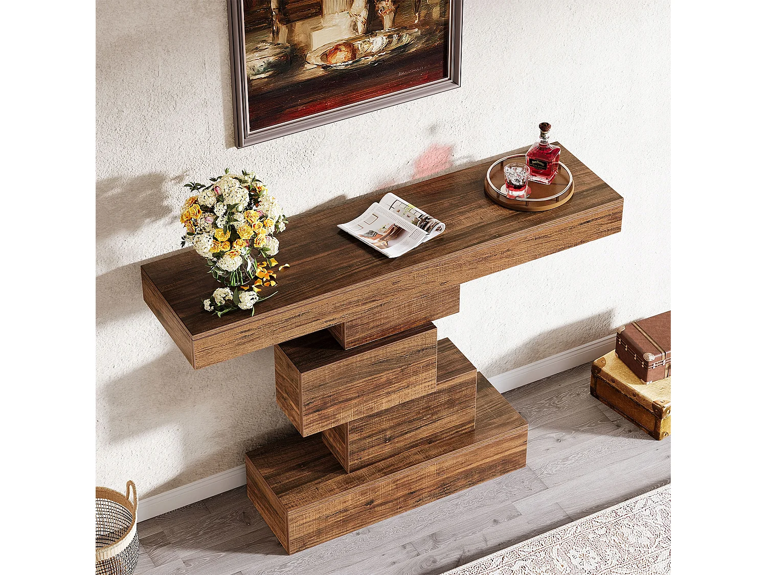 Table console, 108cm Table de canapé en bois étroite derrière le canapé avec base géométrique, table d'entrée industrielle, marron rustique