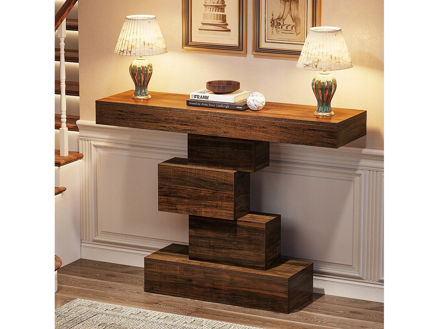 Table console, 108cm Table de canapé en bois étroite derrière le canapé avec base géométrique, table d'entrée industrielle, marron rustique