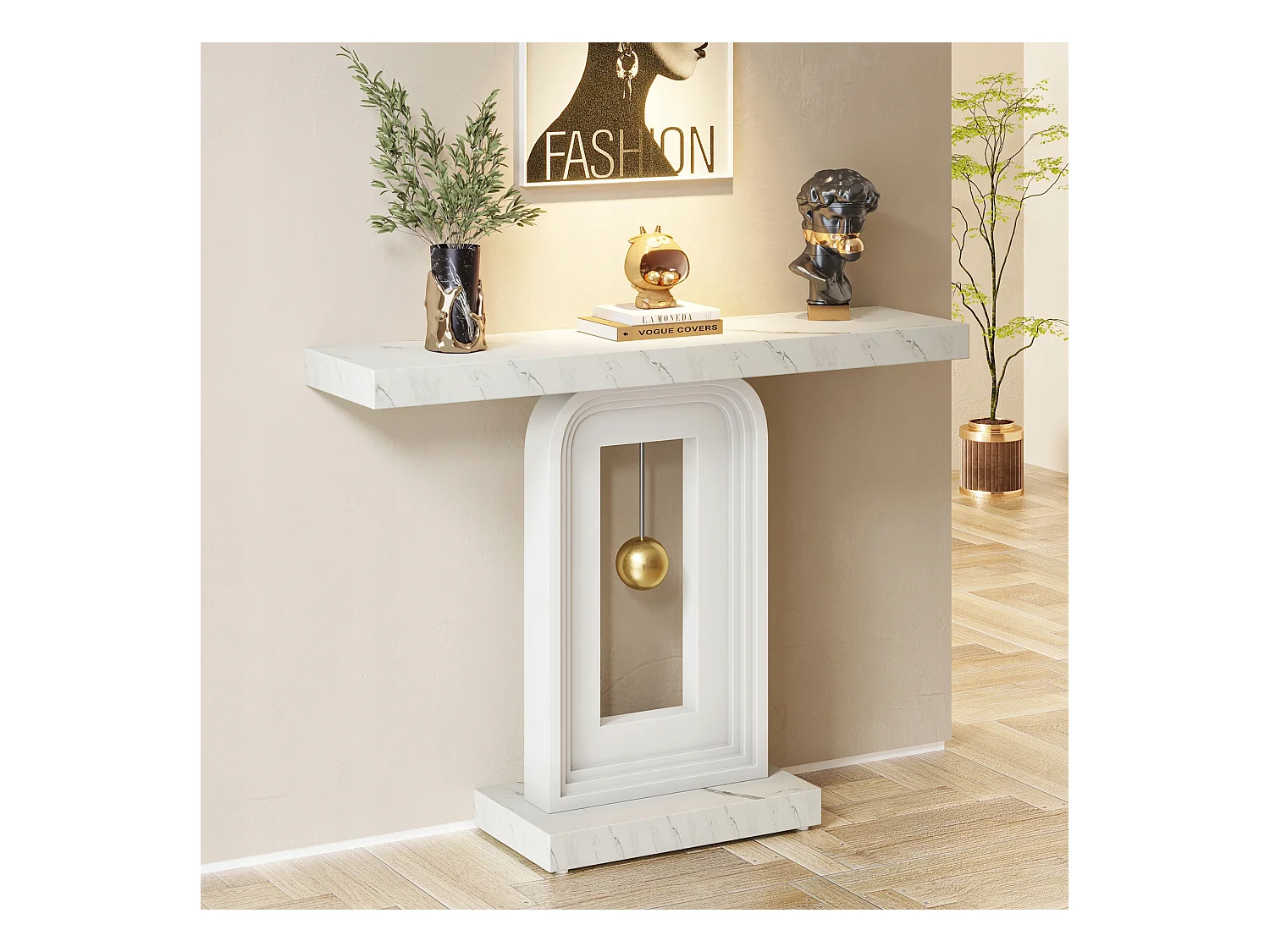 Tavolo consolle per ingresso, tavolo da ingresso con stampa marmo da 100 cm e base a pendolo