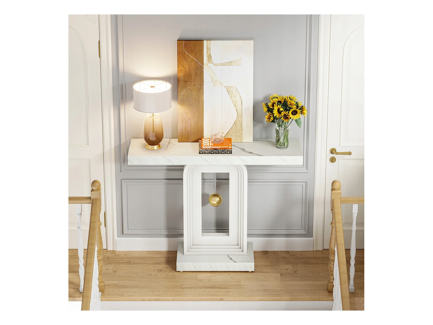 Tavolo consolle per ingresso, tavolo da ingresso con stampa marmo da 100 cm e base a pendolo