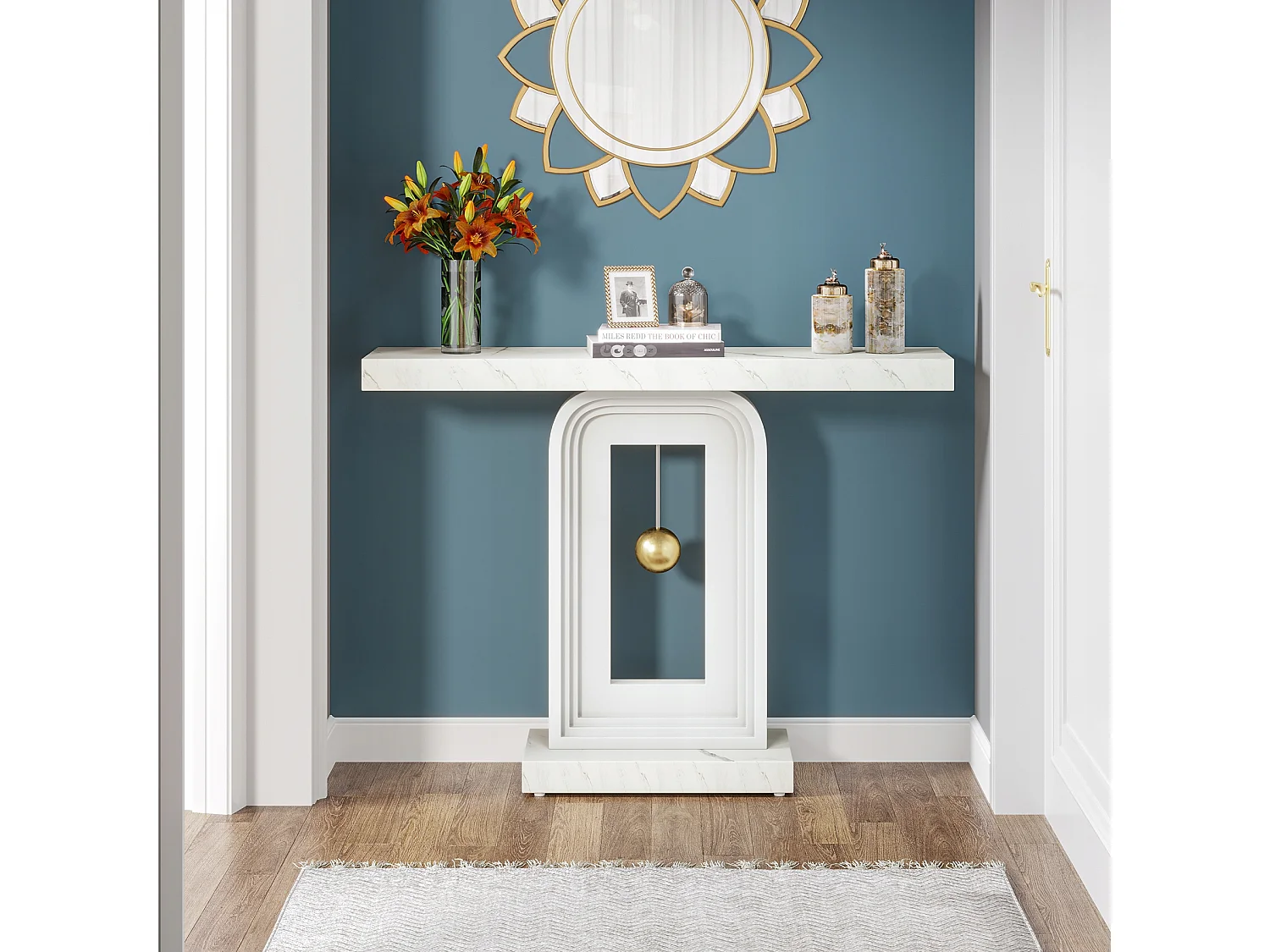 Tavolo consolle per ingresso, tavolo da ingresso con stampa marmo da 100 cm e base a pendolo