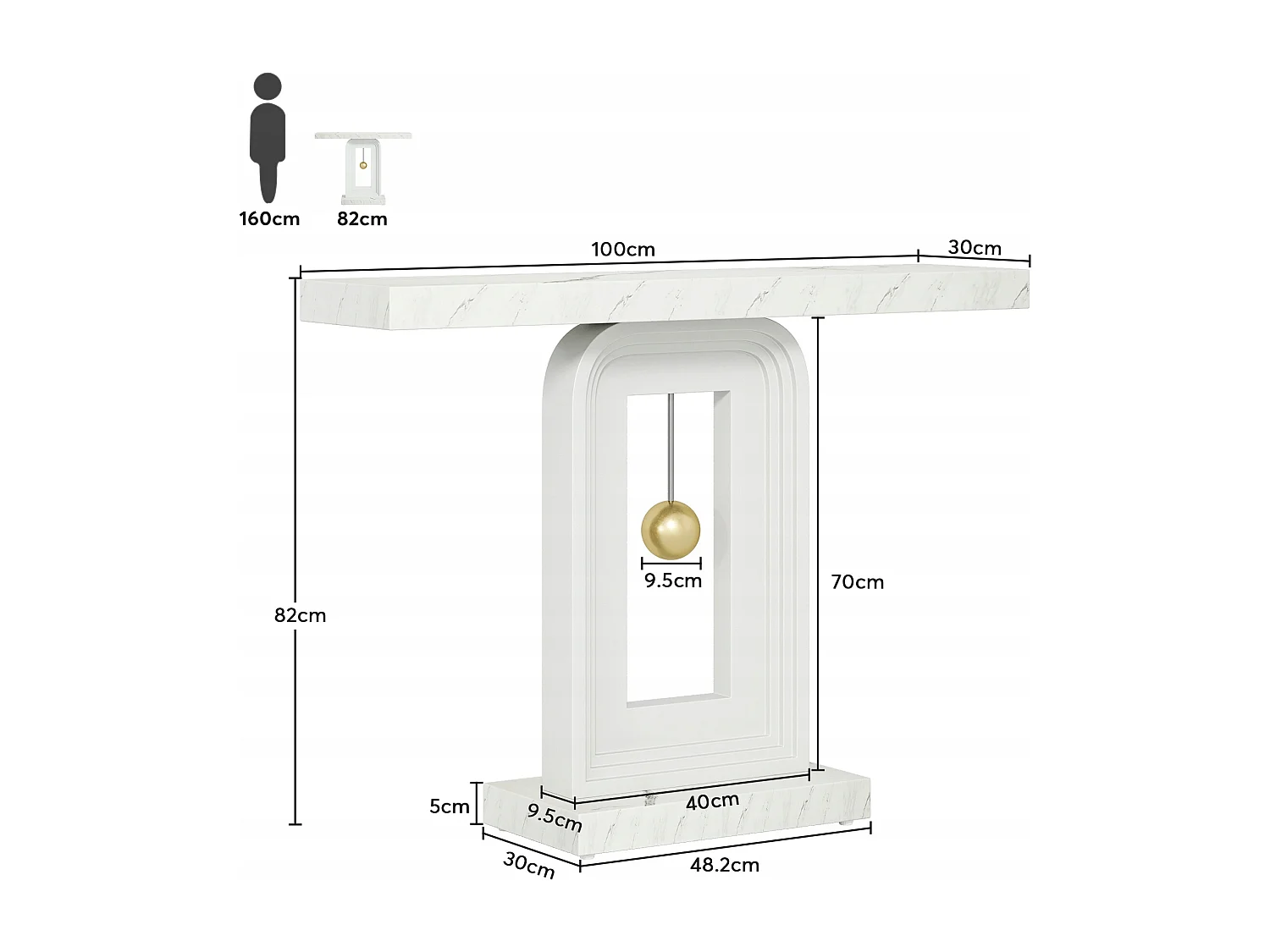 Table Console Meuble Entree, 100cm Impression Marbre de Couloir Table D'entrée avec Base en Forme de Pendule