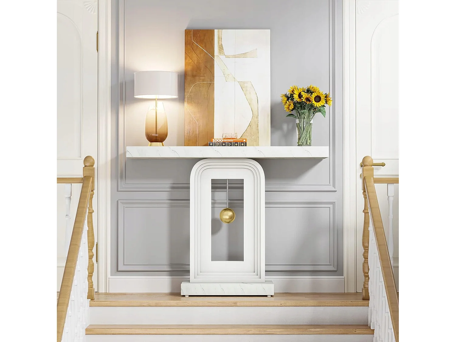 Table Console Meuble Entree, 100cm Impression Marbre de Couloir Table D'entrée avec Base en Forme de Pendule