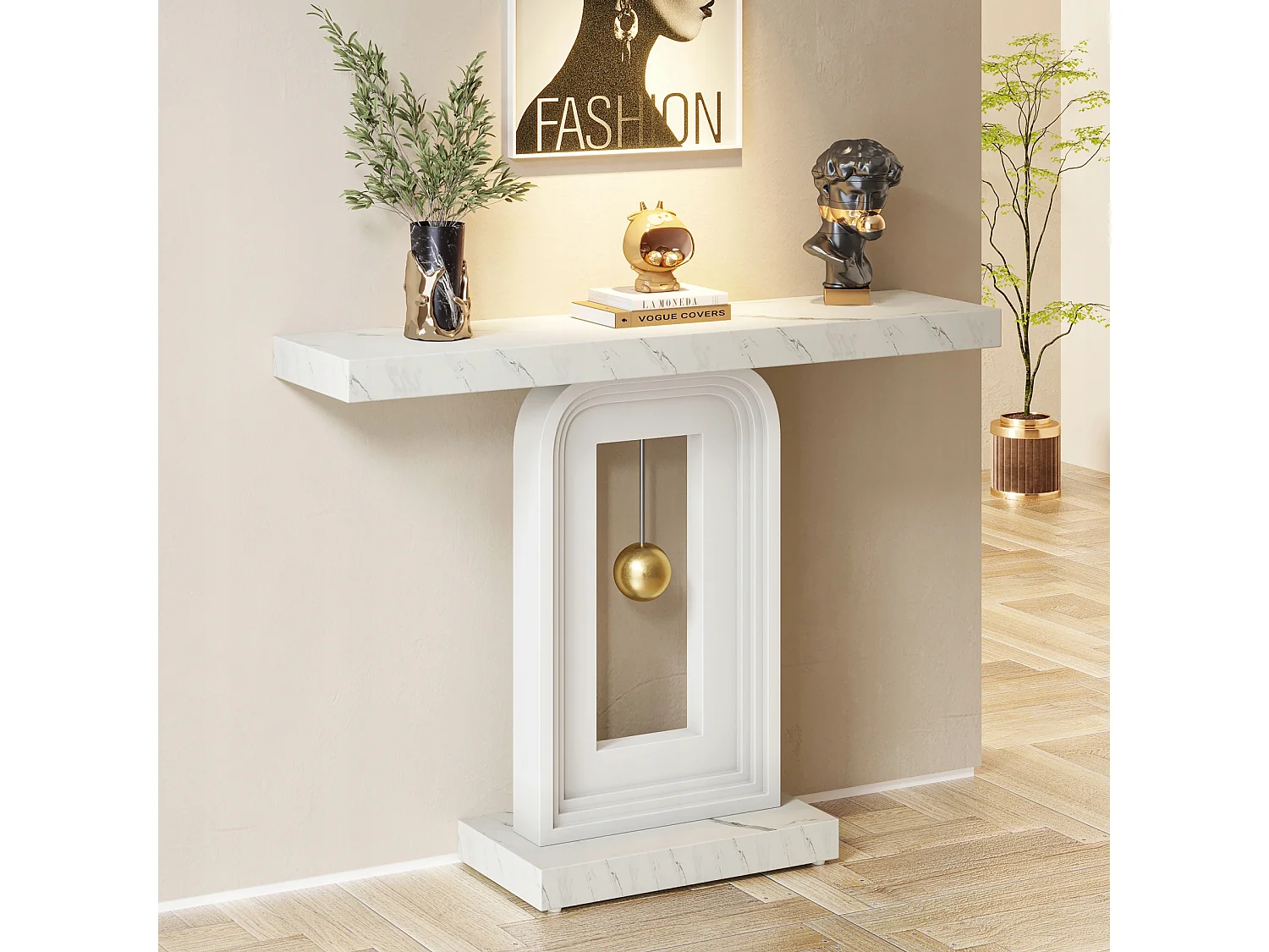Table Console Meuble Entree, 100cm Impression Marbre de Couloir Table D'entrée avec Base en Forme de Pendule