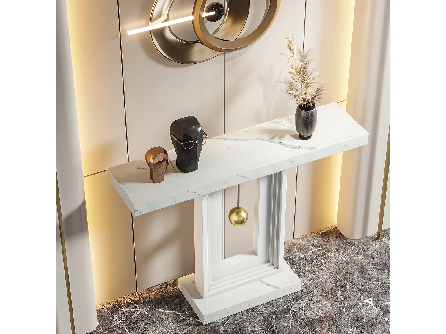 Table Console Meuble Entree, 100cm Impression Marbre de Couloir Table D'entrée avec Base en Forme de Pendule