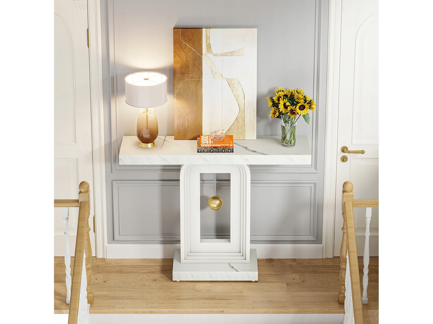 Table Console Meuble Entree, 100cm Impression Marbre de Couloir Table D'entrée avec Base en Forme de Pendule