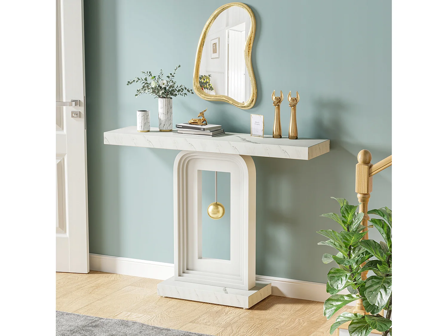 Table Console Meuble Entree, 100cm Impression Marbre de Couloir Table D'entrée avec Base en Forme de Pendule