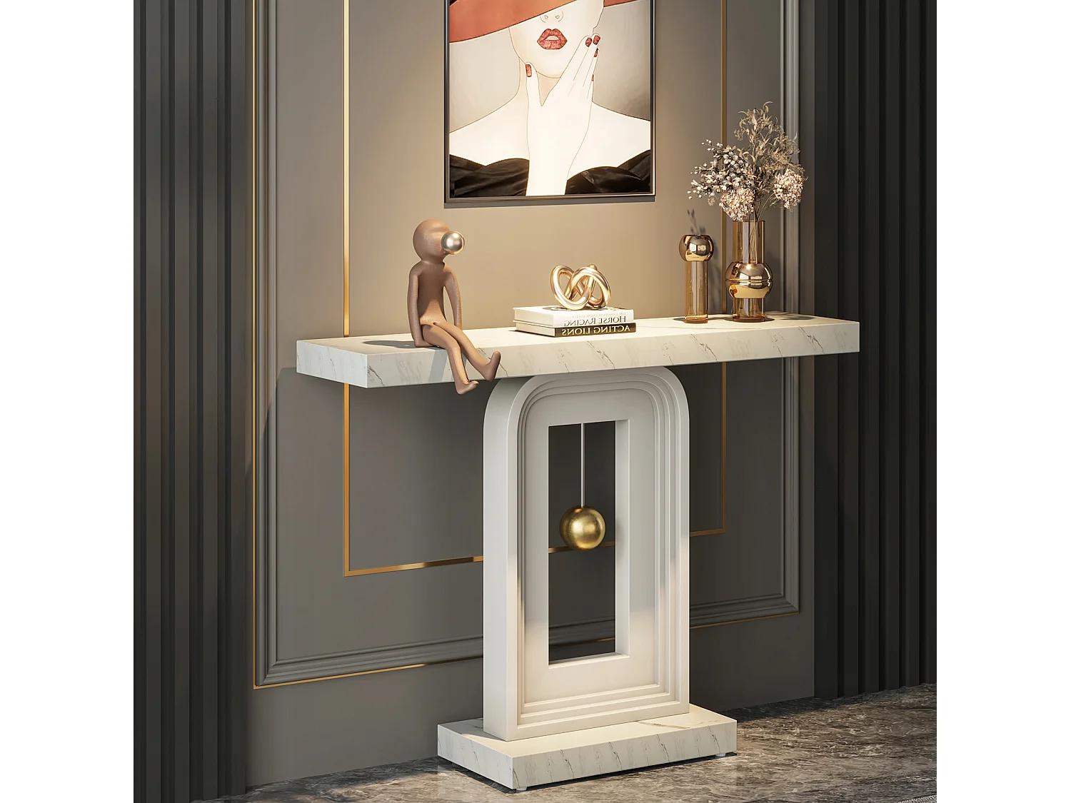 Table Console Meuble Entree, 100cm Impression Marbre de Couloir Table D'entrée avec Base en Forme de Pendule