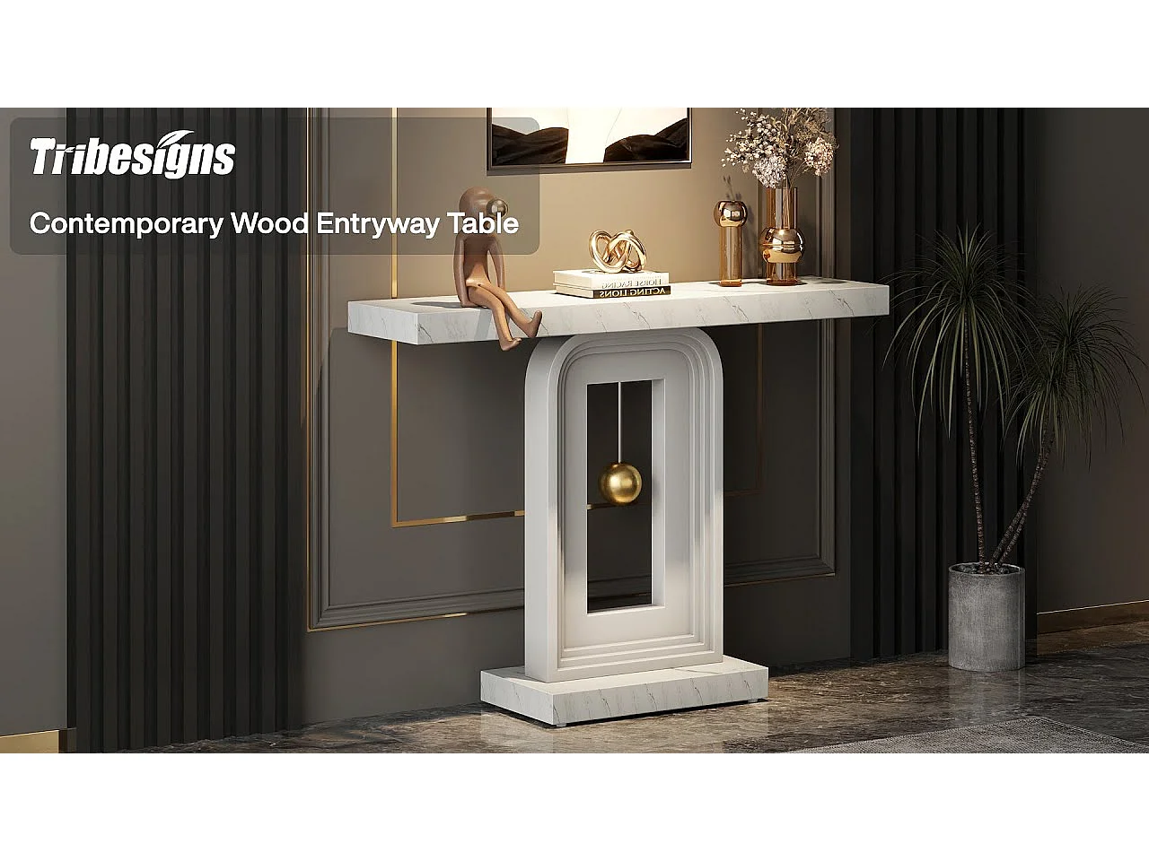 Table Console Meuble Entree, 100cm Impression Marbre de Couloir Table D'entrée avec Base en Forme de Pendule