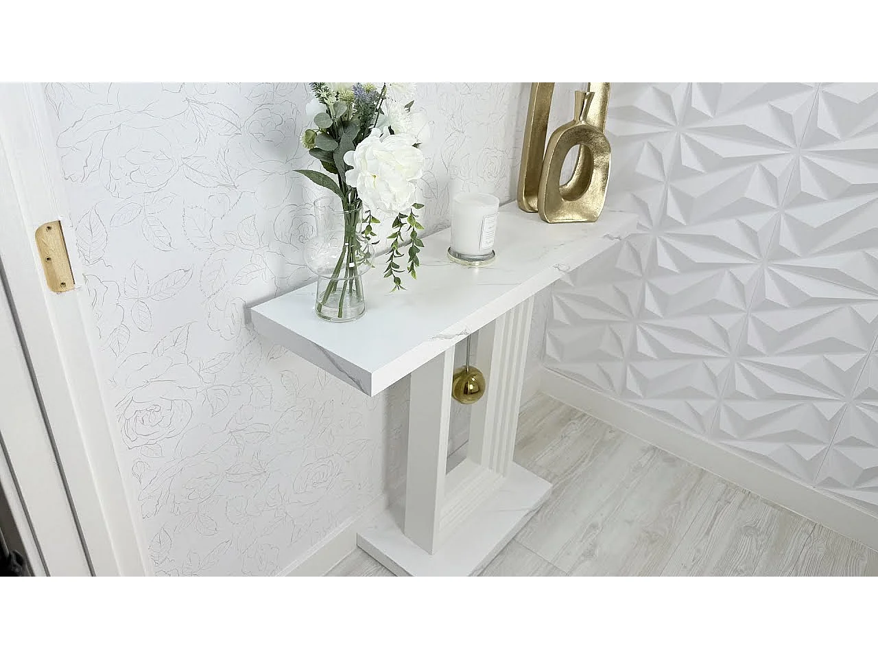 Table Console Meuble Entree, 100cm Impression Marbre de Couloir Table D'entrée avec Base en Forme de Pendule