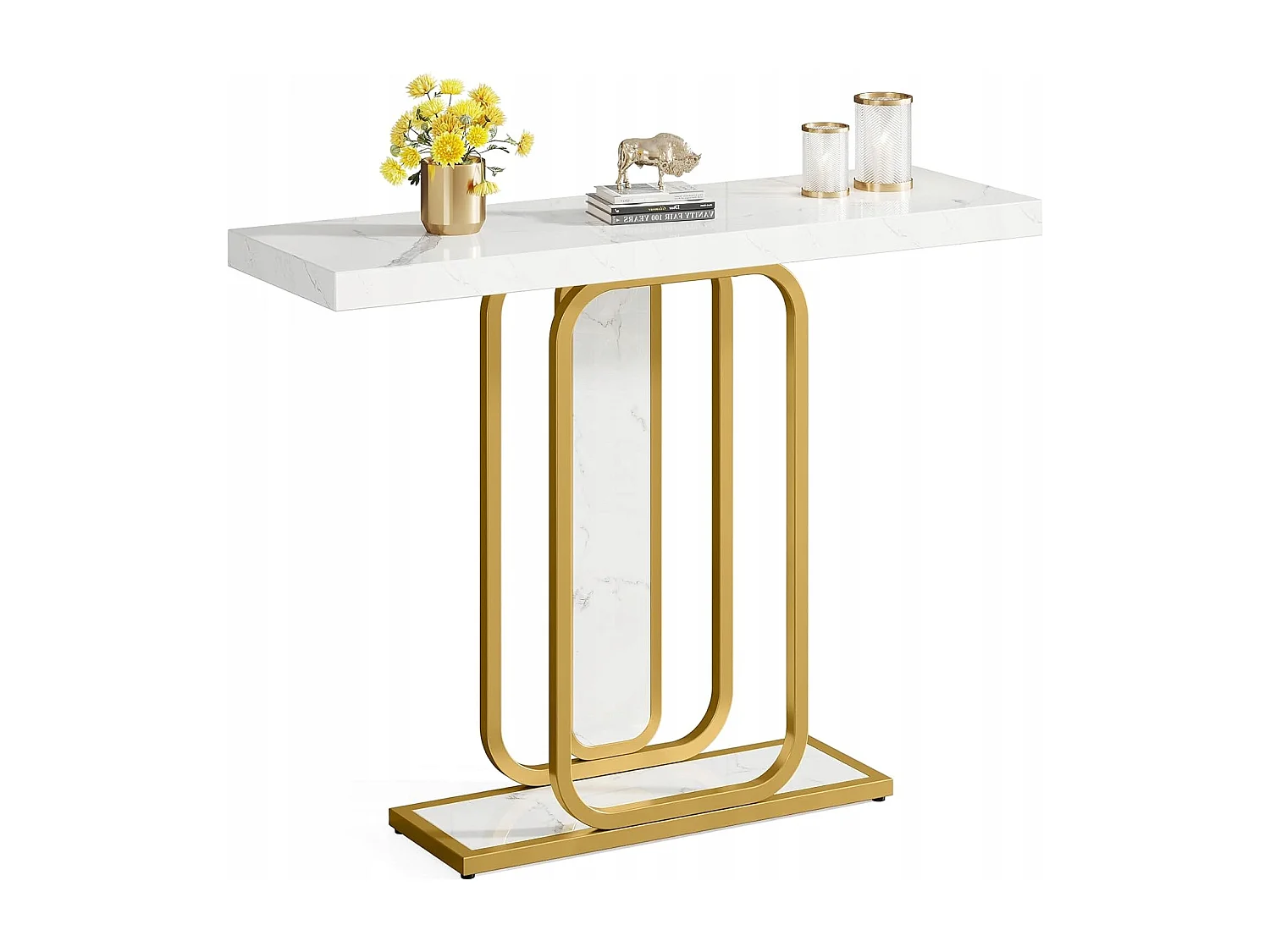 Table Console, Moderne Table d'entrée de 105 cm avec Base géométrique, Imitation marbre Blanc, Table de canapé étroite, Console Meuble