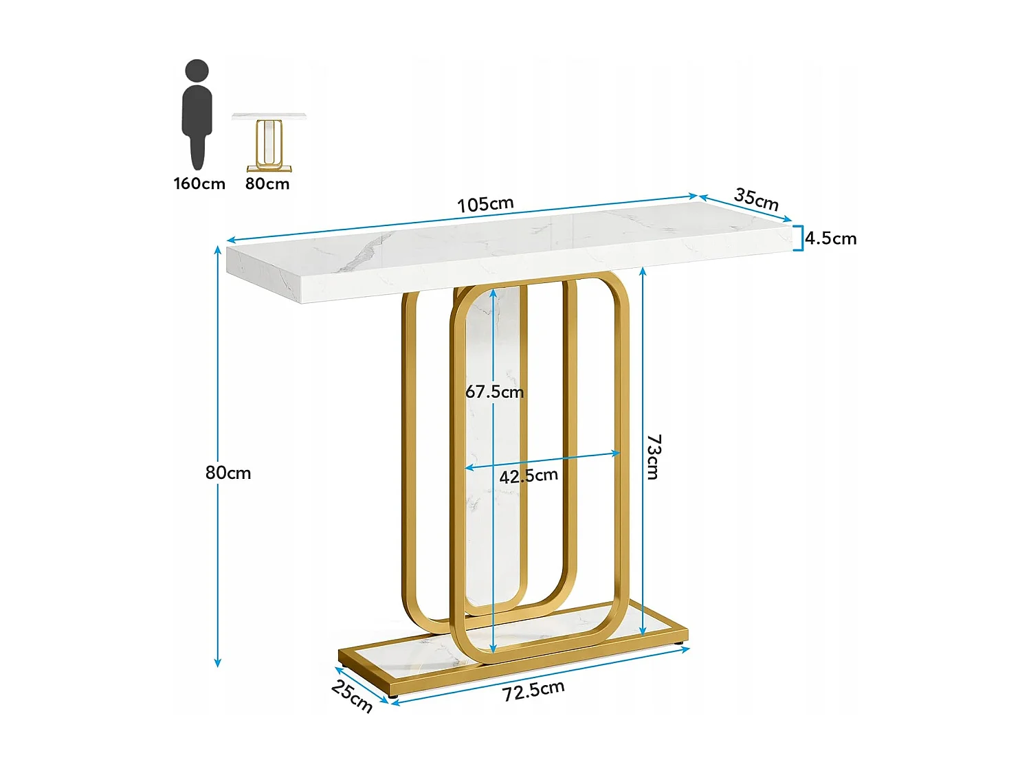 Table Console, Moderne Table d'entrée de 105 cm avec Base géométrique, Imitation marbre Blanc, Table de canapé étroite, Console Meuble