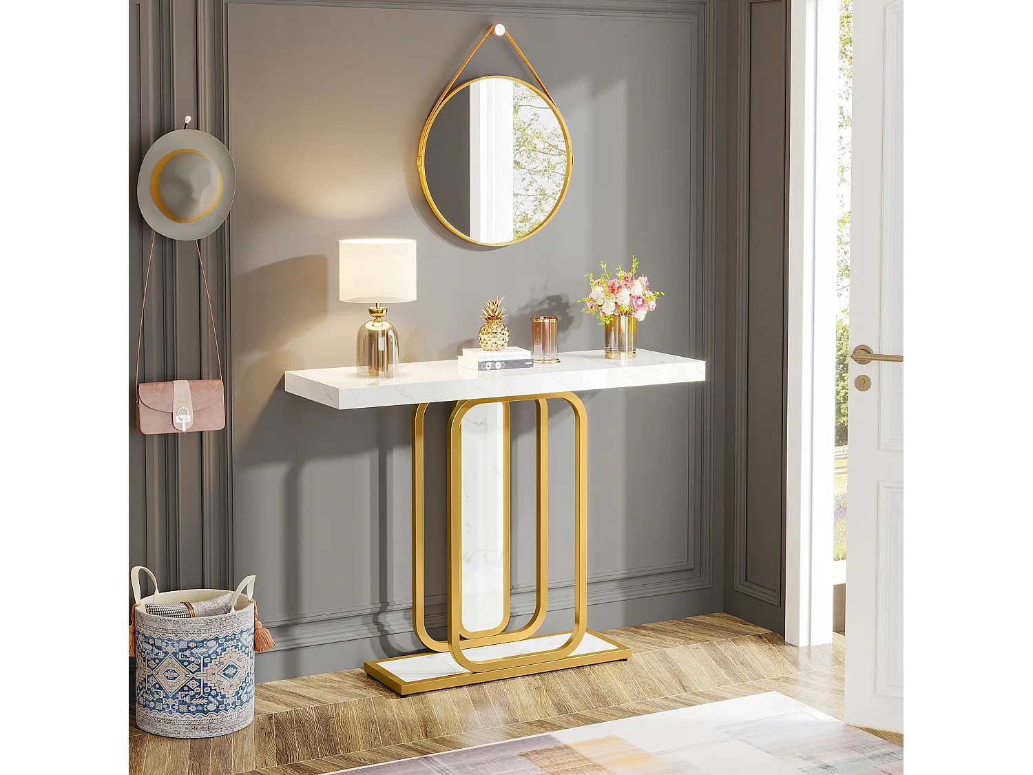 Table Console, Moderne Table d'entrée de 105 cm avec Base géométrique, Imitation marbre Blanc, Table de canapé étroite, Console Meuble