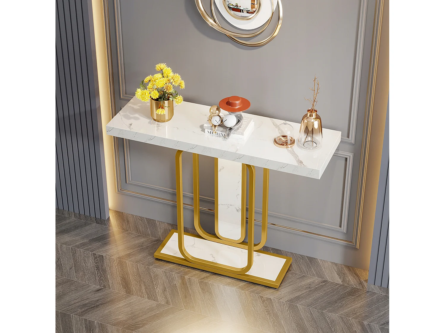 Table Console, Moderne Table d'entrée de 105 cm avec Base géométrique, Imitation marbre Blanc, Table de canapé étroite, Console Meuble