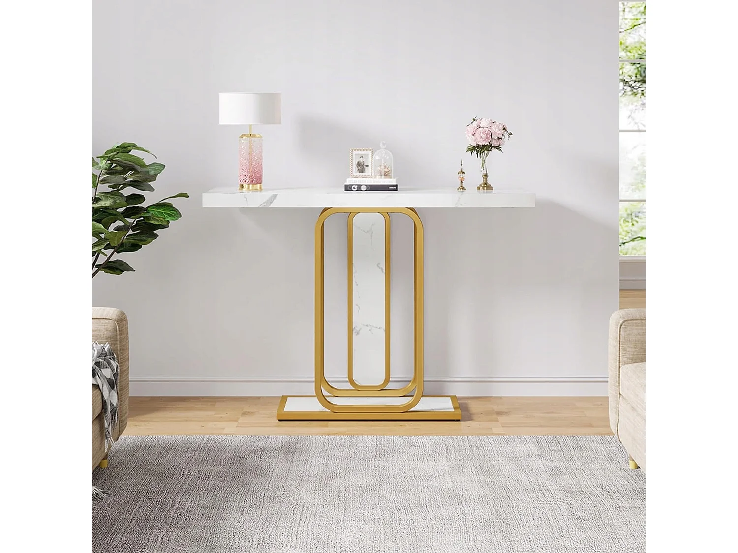 Table Console, Moderne Table d'entrée de 105 cm avec Base géométrique, Imitation marbre Blanc, Table de canapé étroite, Console Meuble