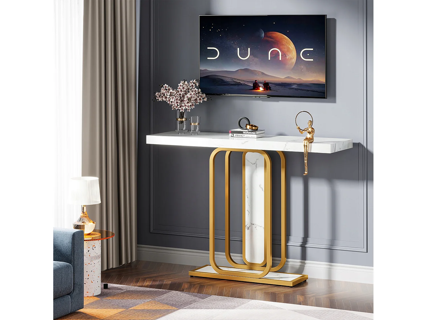 Table Console, Moderne Table d'entrée de 105 cm avec Base géométrique, Imitation marbre Blanc, Table de canapé étroite, Console Meuble