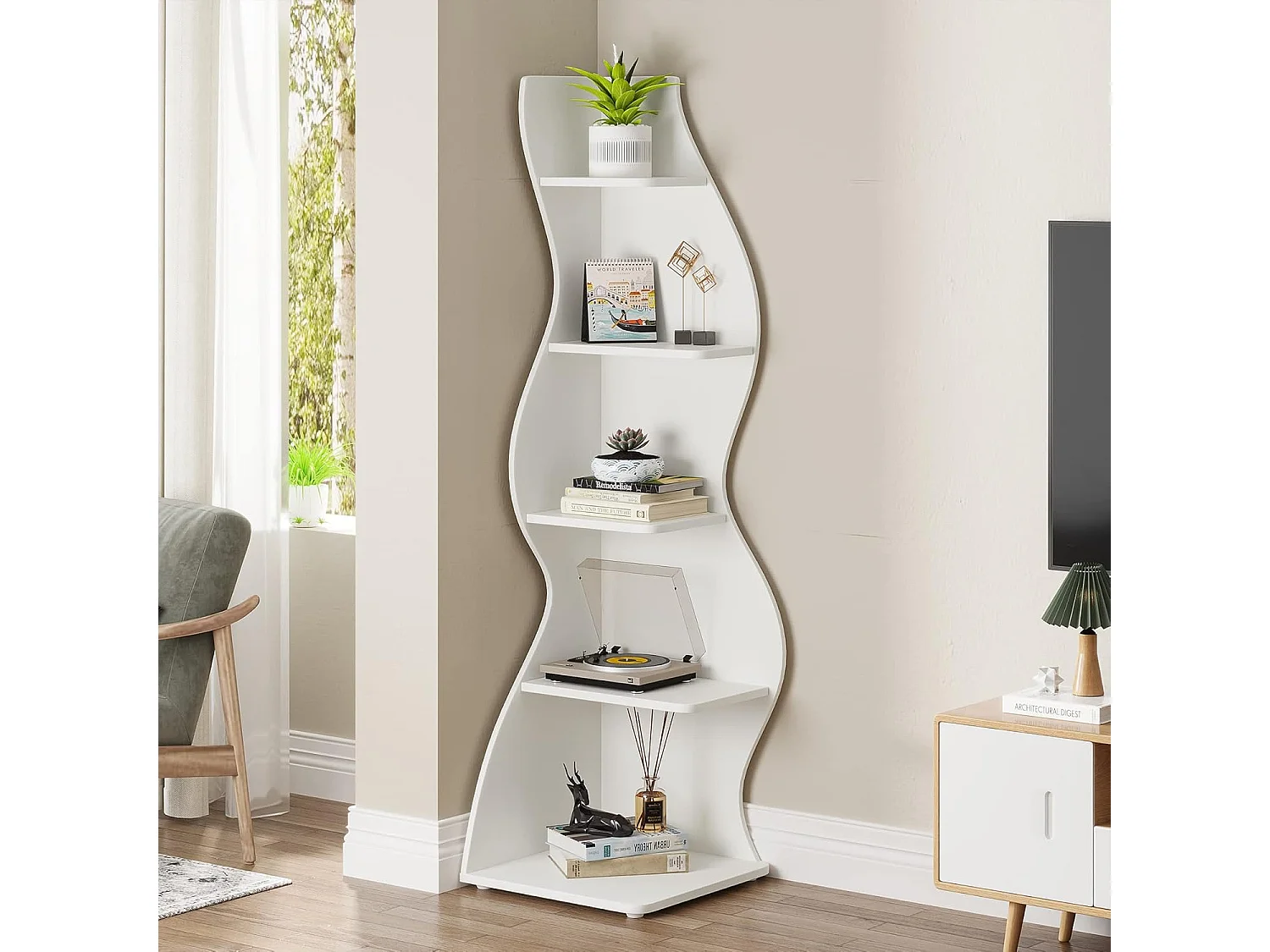 Moderne 5-laags hoekplank, kleine stijlvolle hoekboekenkast, plantenstandaard organizer-eenheid met unieke vorm voor thuis, kantoor, woonkamer, slaapkamer, wit