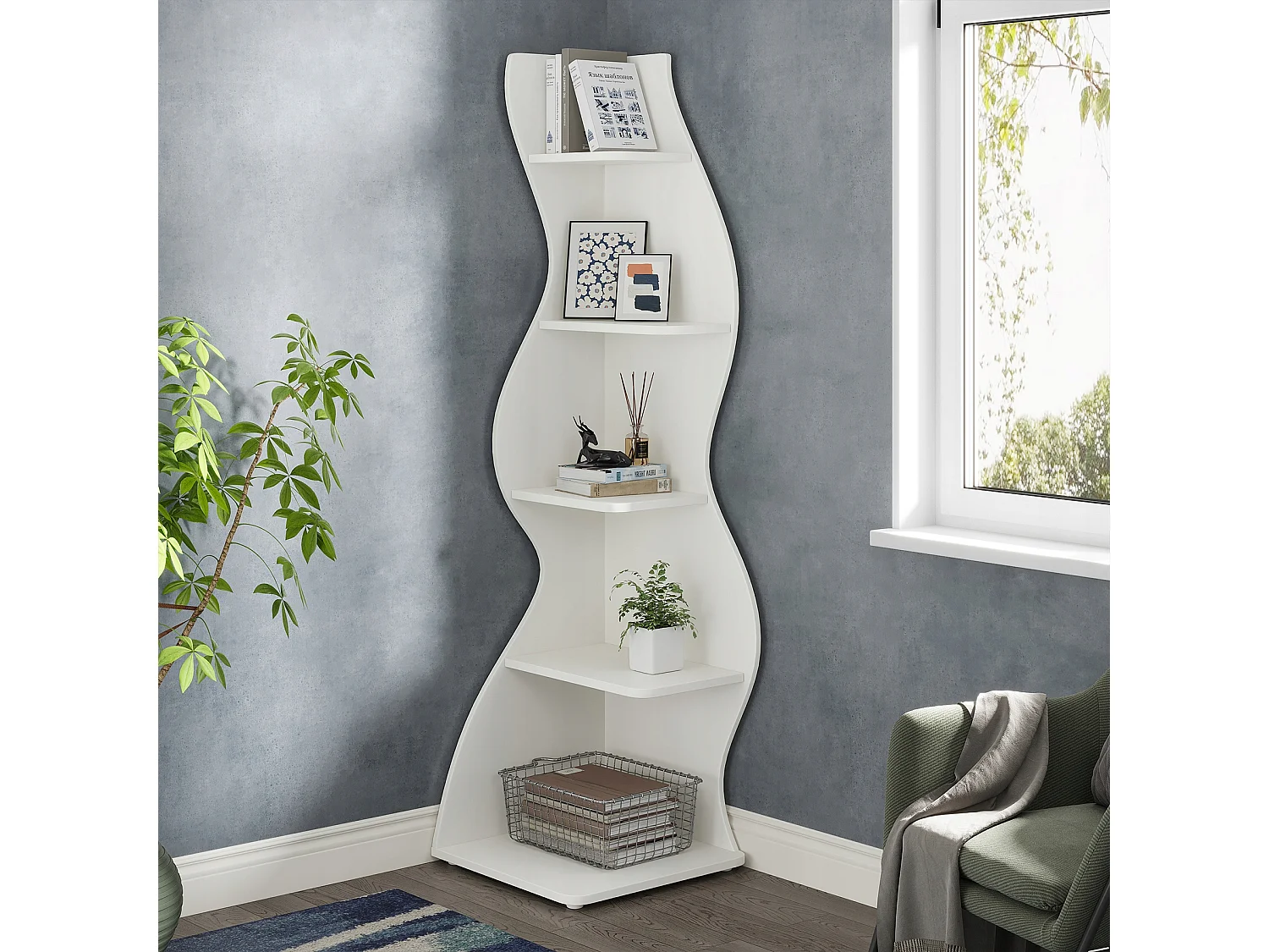 Moderne 5-laags hoekplank, kleine stijlvolle hoekboekenkast, plantenstandaard organizer-eenheid met unieke vorm voor thuis, kantoor, woonkamer, slaapkamer, wit