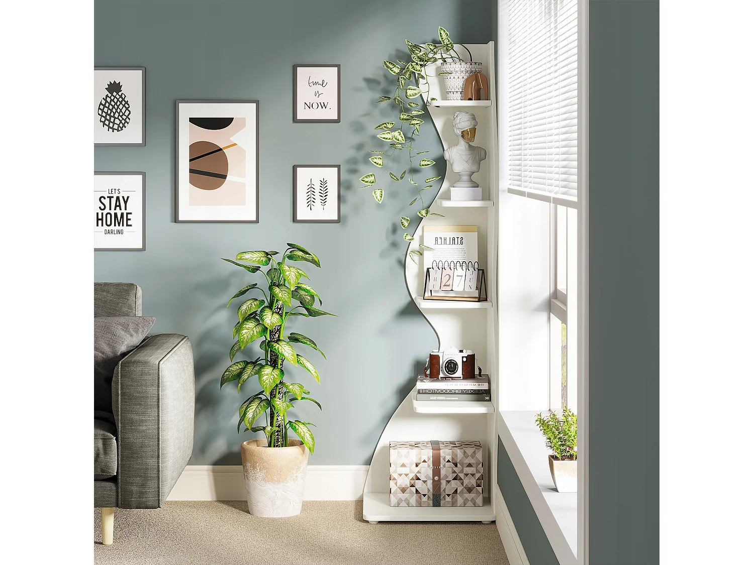 Moderne 5-laags hoekplank, kleine stijlvolle hoekboekenkast, plantenstandaard organizer-eenheid met unieke vorm voor thuis, kantoor, woonkamer, slaapkamer, wit