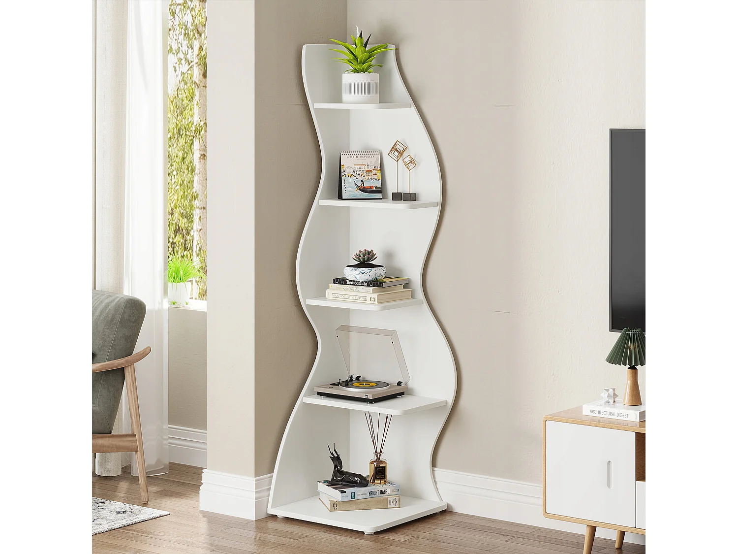 Moderne 5-laags hoekplank, kleine stijlvolle hoekboekenkast, plantenstandaard organizer-eenheid met unieke vorm voor thuis, kantoor, woonkamer, slaapkamer, wit