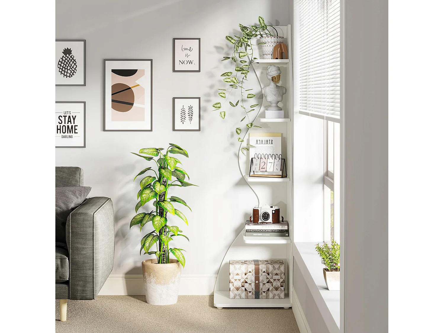 Moderne 5-laags hoekplank, kleine stijlvolle hoekboekenkast, plantenstandaard organizer-eenheid met unieke vorm voor thuis, kantoor, woonkamer, slaapkamer, wit