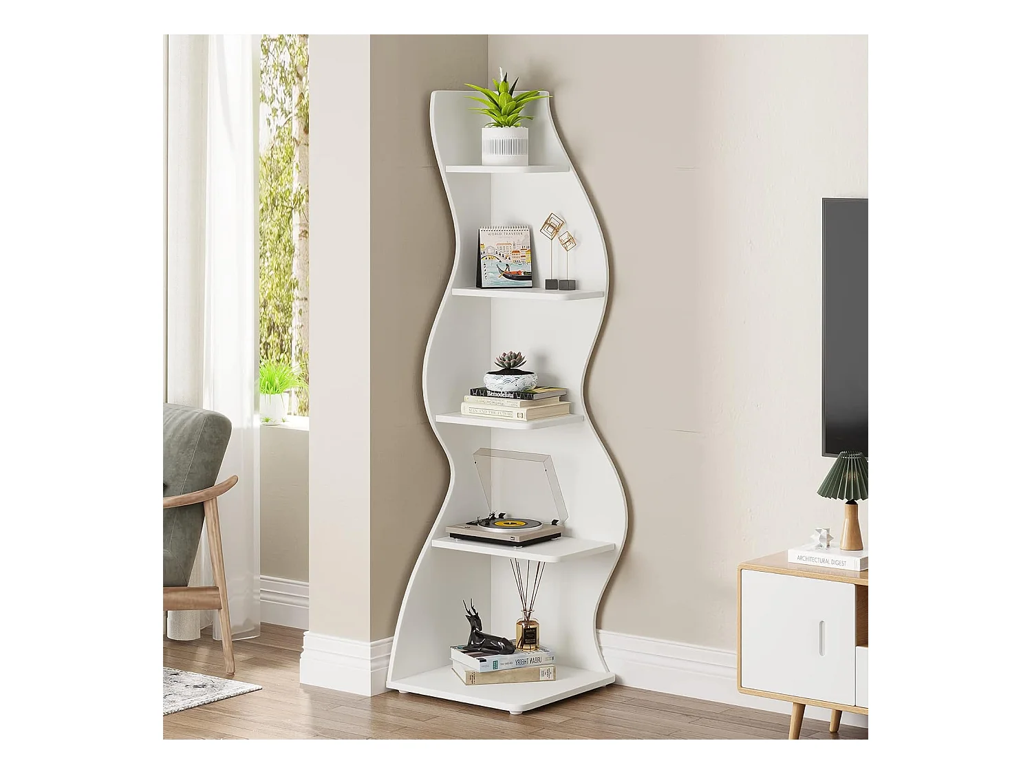 Étagère d'angle Moderne à 5 Niveaux, Petite Bibliothèque d'angle élégante, Support de Plante unité d'organisation avec Forme Unique, Blanc
