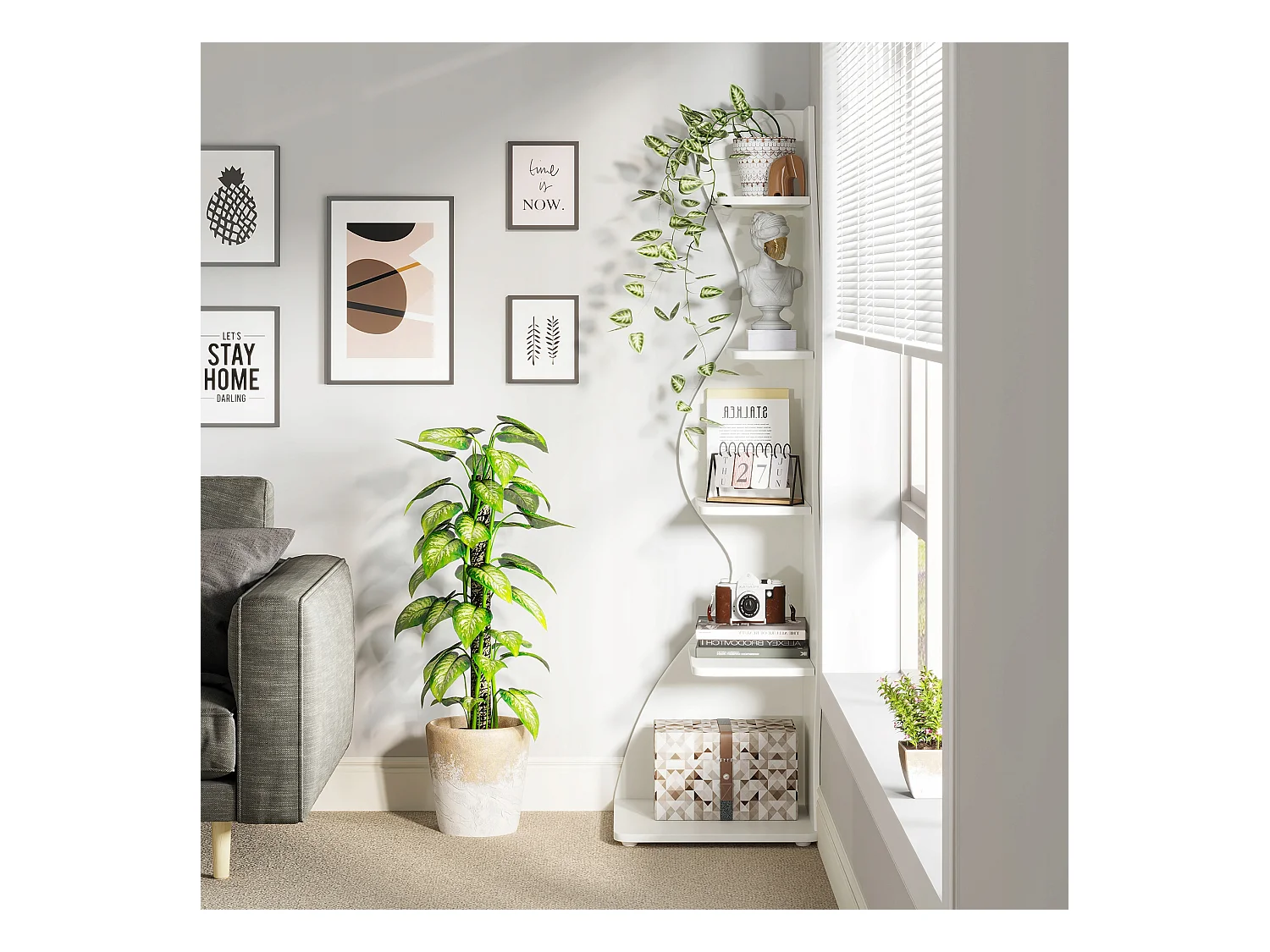 Nowoczesna 5-poziomowa półka narożna, mała stylowa narożna biblioteczka, stojak na rośliny, jednostka organizacyjna o unikalnym kształcie do domu, biała