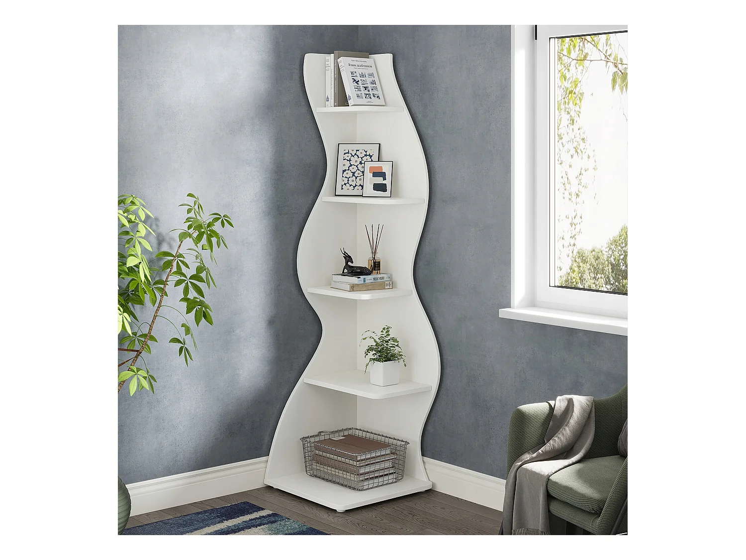 Nowoczesna 5-poziomowa półka narożna, mała stylowa narożna biblioteczka, stojak na rośliny, jednostka organizacyjna o unikalnym kształcie do domu, biała