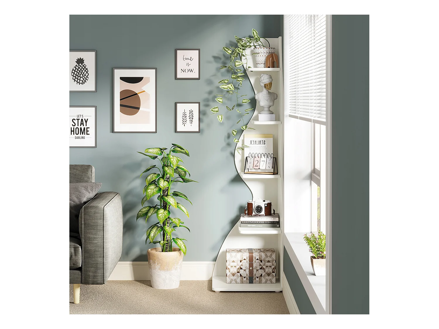 Nowoczesna 5-poziomowa półka narożna, mała stylowa narożna biblioteczka, stojak na rośliny, jednostka organizacyjna o unikalnym kształcie do domu, biała