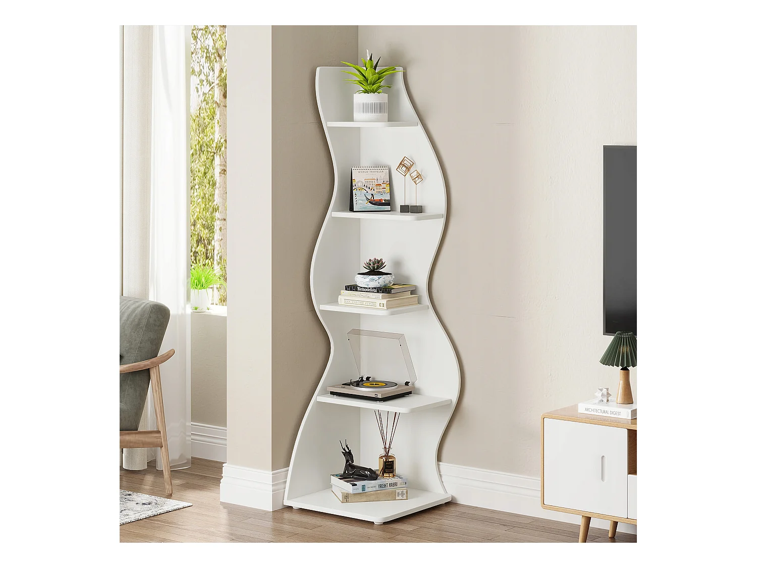 Nowoczesna 5-poziomowa półka narożna, mała stylowa narożna biblioteczka, stojak na rośliny, jednostka organizacyjna o unikalnym kształcie do domu, biała