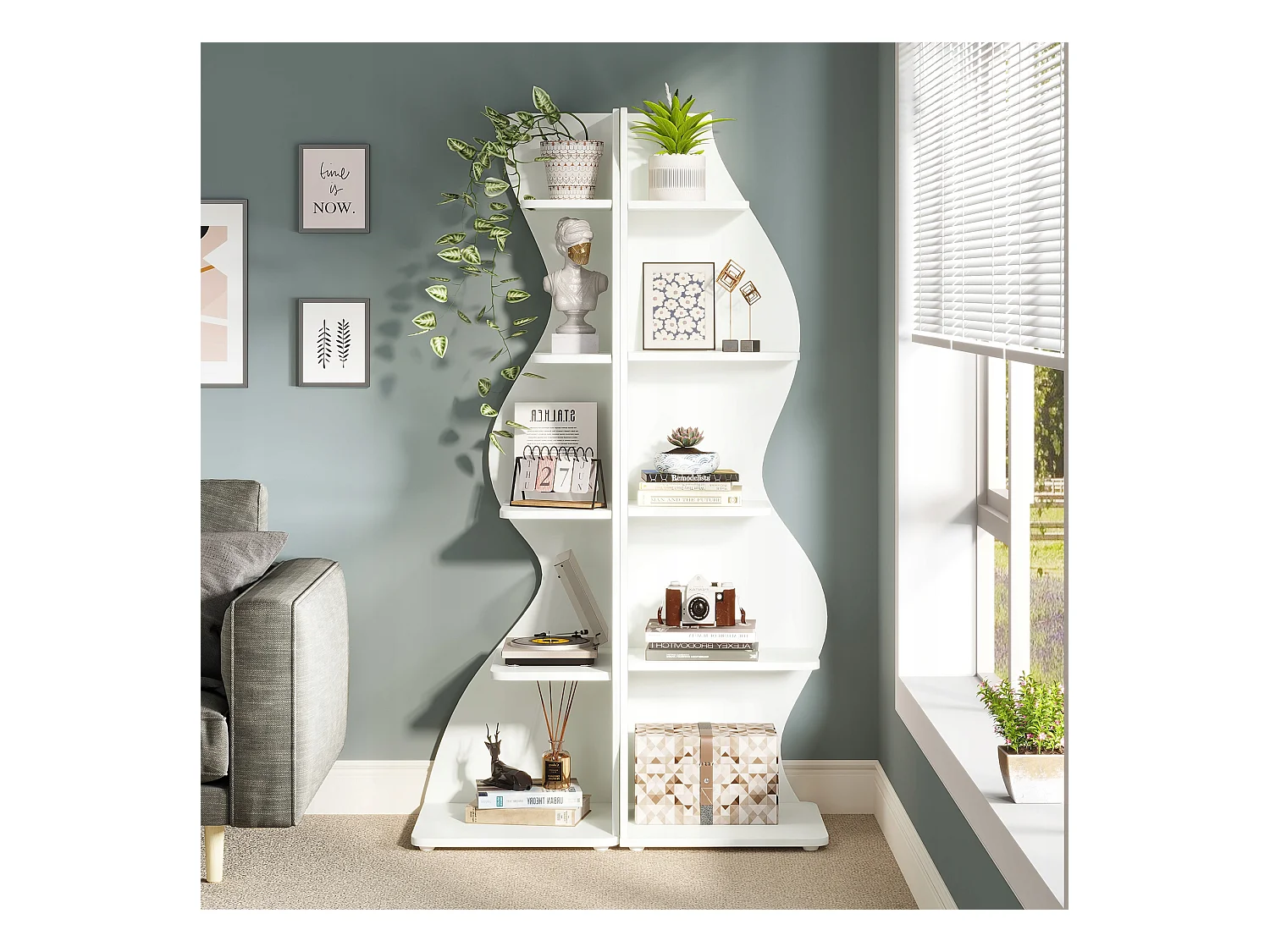 Nowoczesna 5-poziomowa półka narożna, mała stylowa narożna biblioteczka, stojak na rośliny, jednostka organizacyjna o unikalnym kształcie do domu, biała